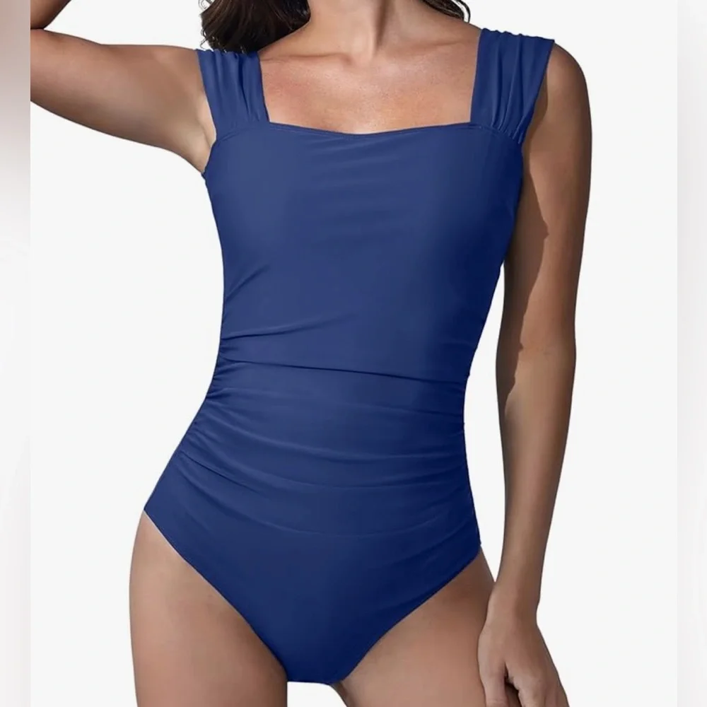 B2prity‎ Swimsuit Retro Square Neck Tummy Control Ruched Modest Full Coverage S